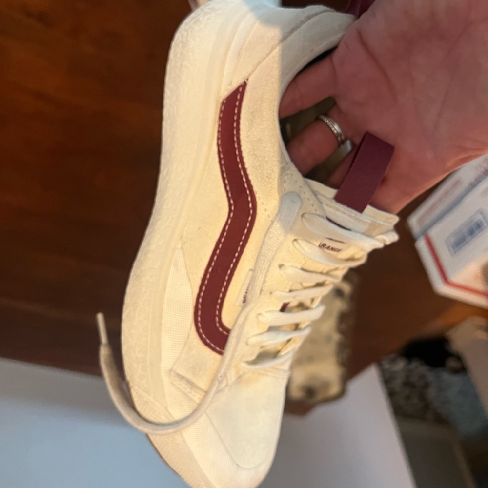 Vans sneakers, cream, and burgundy